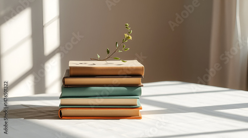 A serene interior still life with hardbound books stacked asymmetrically on a white cloth table, a delicate sprig of greenery balancing above, soft sunlight entering from the left creating diagonal