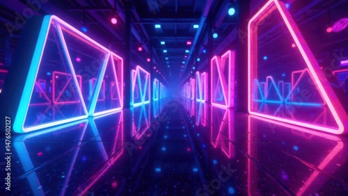 Reflecting Neon Pathway An Immersive Digital Corridor with Vibrant Pink and Blue Geometric Light Installations