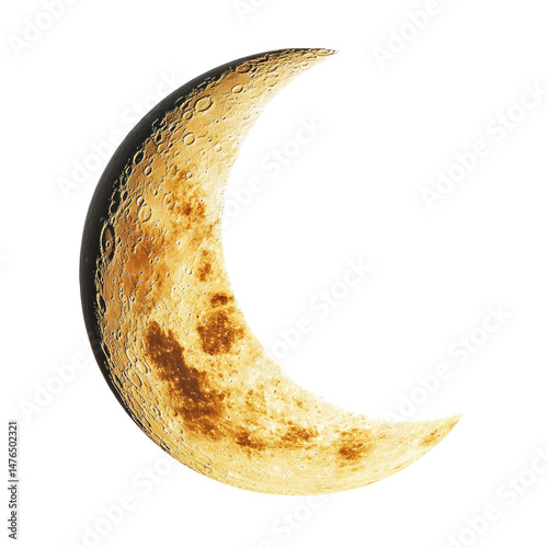 A detailed crescent moon, golden hues, craters visible