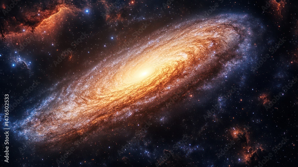 Fototapeta premium Stunning high-resolution image of a distant spiral galaxy in deep space showcasing vibrant glowing arms and a bright galactic core surrounded by cosmic dust and stars