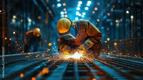 Skilled industrial worker wea protective gear welding metal beams in a modern factory with sparks flying and bright overhead lighting, industrial manufactu scene