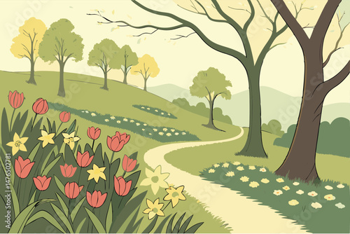 31 lush garden, vibrant colors, flourishing tulips, yellow daffodils, green grass, winding path, treelined, outdoor landscape, scenic natural beauty, elegant floral arrangement, spring garden, vivid h