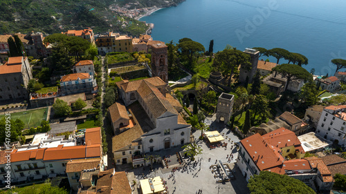 Aerial view of the cathedral of Santa Maria Assunta and San Pantaleone in the main square of Ravello. This church is located in the Amalfi Coast, Campania, Italy. It is a minor basilica and a museum.
