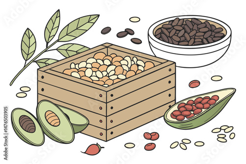83 legumes, beans, nuts, pinto beans, kidney beans, black beans, peas, lentils, organic, healthy, natural, rustic, wooden box, assortment, variety, colorful, textured, still life, food photography