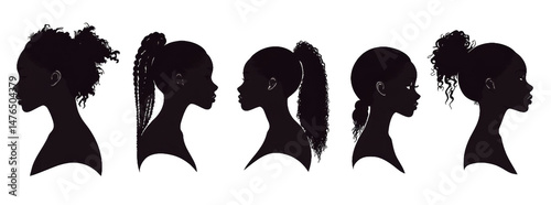 A series of black and white drawings of women with different hairstyles