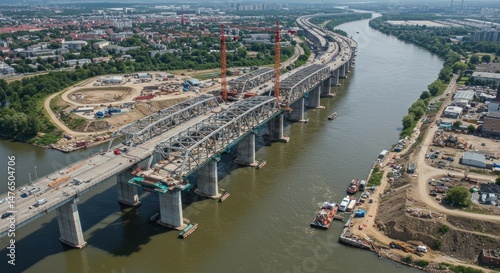 Bridge Construction Over River Aerial View