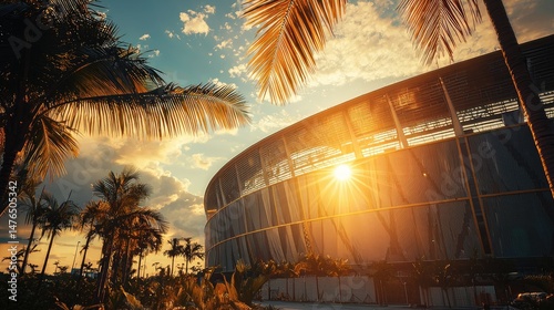 Modern stadium structure at sunset, framed by palm trees.
