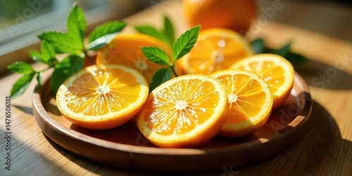 Sunlit citrus slices arranged on a wooden plate with fresh mint sprigs