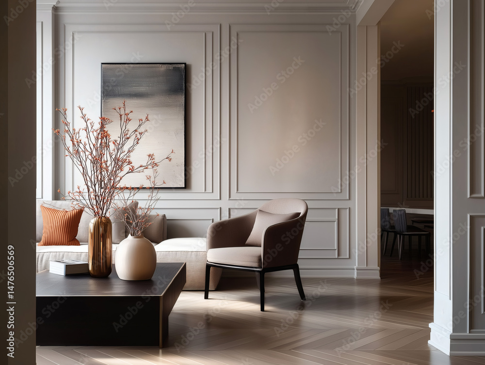 Fototapeta premium Aesthetic beautiful elegant modern luxury interior design. Clear mock up empty wall for decoration in the apartment, painting frame. Copy space in the room.