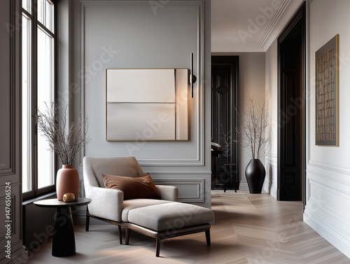 Aesthetic beautiful elegant  modern luxury interior design. Clear mock up empty wall for decoration in the apartment, painting frame. Copy space in the room.