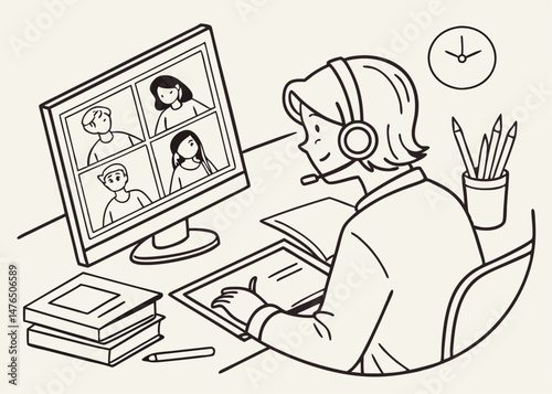 Sketch style doodle of student wearing headset having virtual meeting online call with friends, educational webinar chatting at home office