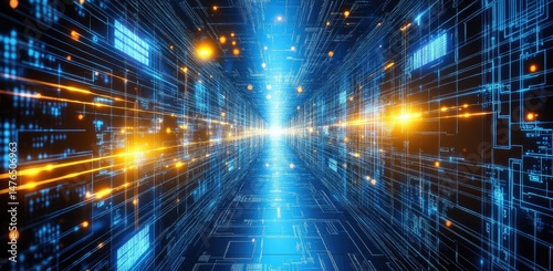 A futuristic data corridor illuminated by vibrant blue and orange lights. showcasing digital technology and motion. suggesting advanced data processing in a high-tech environment
