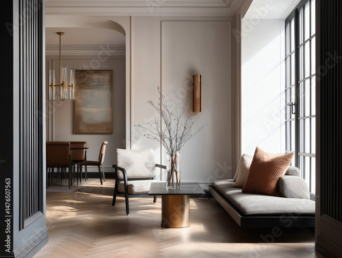 Aesthetic beautiful elegant  modern luxury interior design. Clear mock up empty wall for decoration in the apartment, painting frame. Copy space in the room.