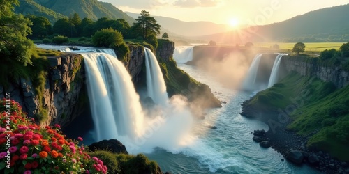 Majestic Waterfall Landscape at Sunset Serene Cascading Water, Lush Greenery, and Golden Hour Light