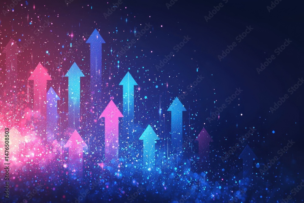 Fototapeta premium Colorful gradient arrows on dark abstract background with a sense of progress