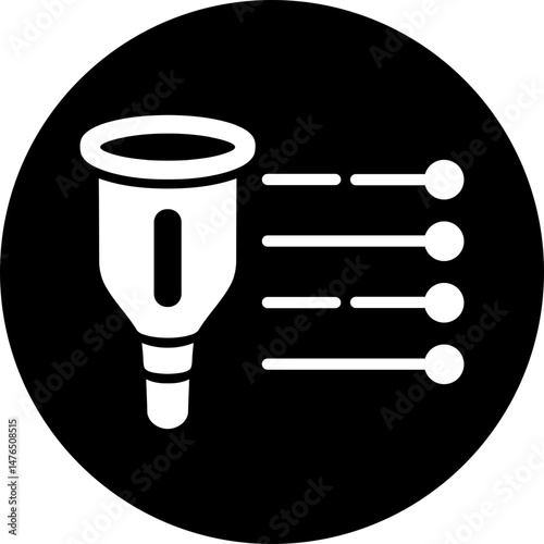 Circular Narrow Filter Icon: Tall Funnel with Handle (White/Transparent on Black)