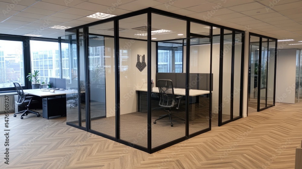 Fototapeta premium Modern office workspace partitioned by glass walls.