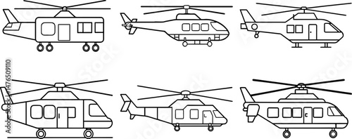 Set of cargo helicopter outline vector illustration line art
