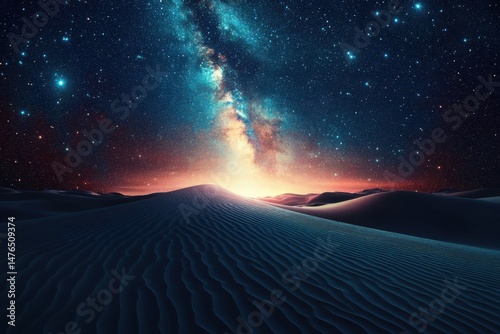 Desert Landscape Under a Starry Night Sky Featuring the Milky Way Galaxy in a Wide Angle Shot with Glowing Horizon