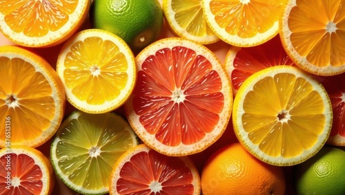A vibrant collection of citrus fruit slices, showcasing the juicy interiors of oranges, grapefruits, and limes, arranged in a visually appealing pattern.