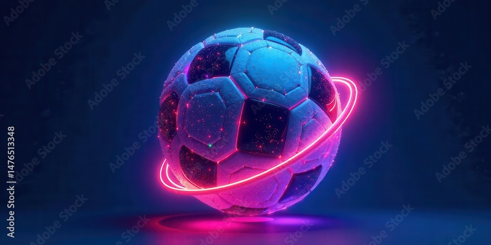 Naklejka premium Futuristic glowing sphere, vibrant neon light trails encircling a wet leather ball, futuristic sports concept