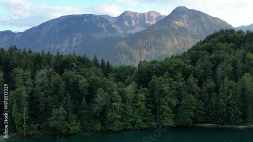 Sunset fly over mountain lake Alatsee, Germany. Wild nature and pine forest.