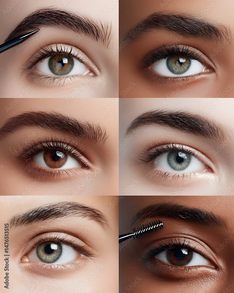 Naklejka premium Collage showcasing diverse eyebrow textures and shapes across different ethnicities.