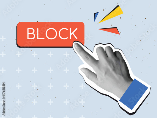 Black and white hand press Block button. Modern collage style. Vector illustration
