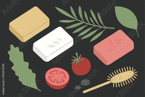 85 natural organic soap bars, green leaf, red tomato, green moss texture, orange soap, brown hairbrush, black pebble, white soap, pink soap, honeycomb, dark background