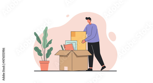 Man organizing boxes and documents next to a plant indoors, man putting things in box, quitting job