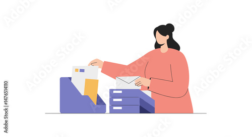 Woman organizing mail at desk with filing system and documents  