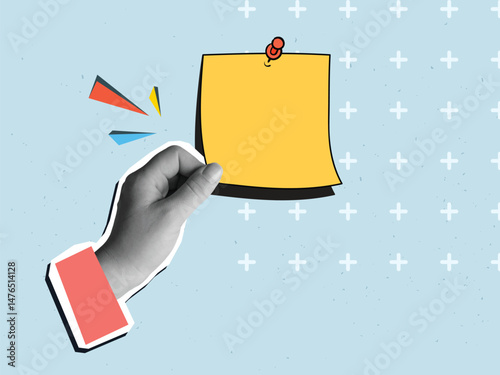 Black and white hand takes yellow reminder note. Modern photo collage style. Vector illustration