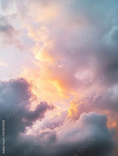 Dramatic clouds at dusk with colorful light in the sky; low angle view of a beautiful sunset with pastel colors