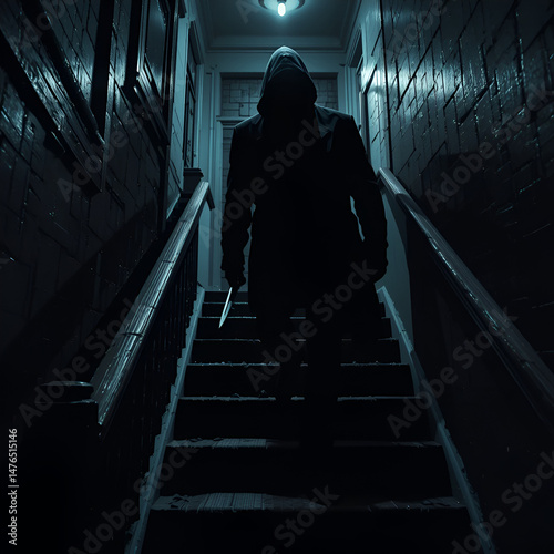 An assassin with a pocket knife sneaks into the house quietly up the stairs at night.