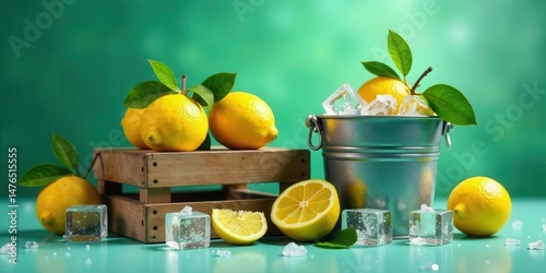 Refreshing Summer Citrus Still Life with Icy Cubes in Rustic Wooden Crate