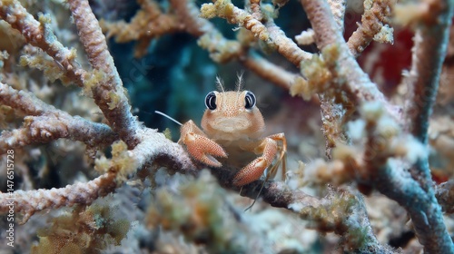 Crab nestled in corals peering curiously ahead photo