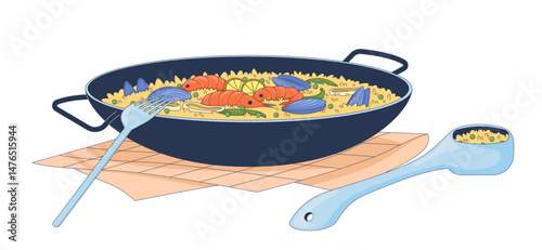 Seafood paella in pan with spoon and fork 2D vector illustration. Valencia spanish cuisine. Saffron rice meal. Authentic food flat object isolated on white background. Colorful cartoon image