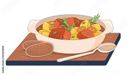 Hungarian goulash served with bread and spoon 2D vector illustration. Hearty stew with beef potato. Homestyle ragout. Authentic food flat object isolated on white background. Colorful cartoon image