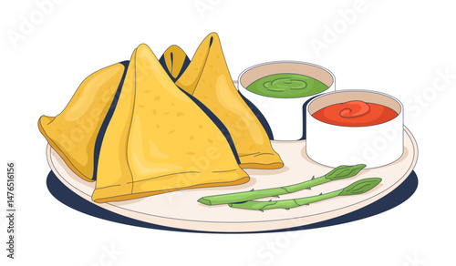 Fried samosas with red and green chutneys 2D vector illustration. Punjabi Indian pastry. Samboosa, dipping sauces. Authentic appetizer flat object isolated on white background. Colorful cartoon image