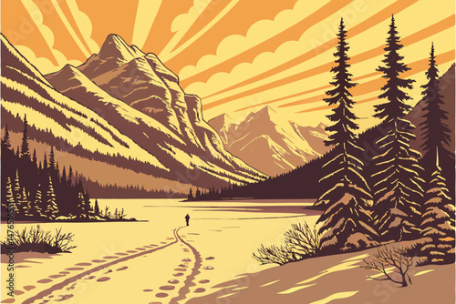 86 winter scenic, frozen lake with snow covered trail, majestic mountains at sunset, dramatic sky with sunburst, photorealistic, highly detailed, cinematic lighting