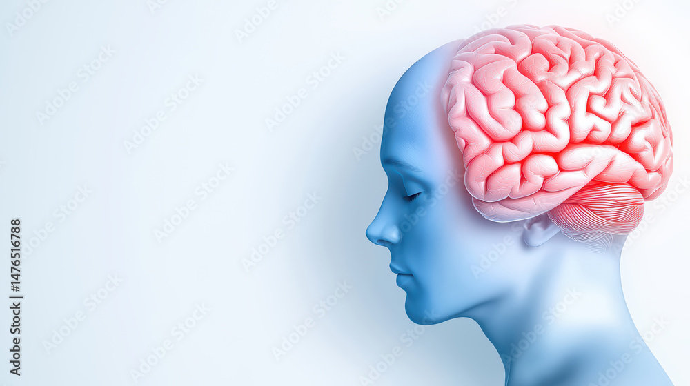 Obraz premium A blue human head profile with a detailed, highlighted brain illustration on a light background.