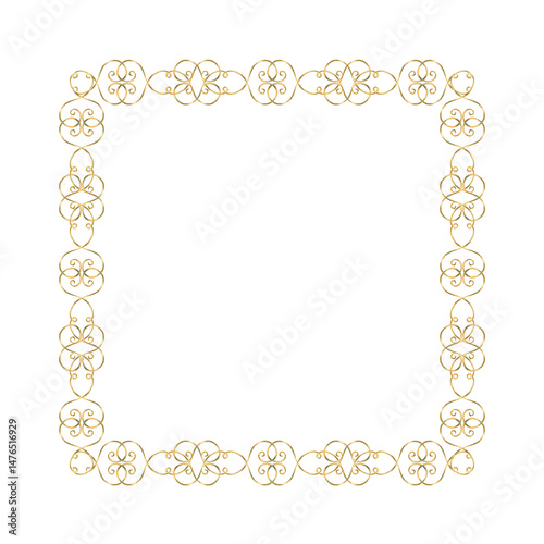 Gold frame of vibrant collection. Isolate is presented for rectangle decorating textiles, interior, prints, packaging. Curls, ribbons elements hand-painted in watercolor with gold paint accents