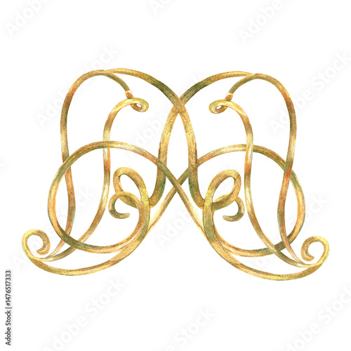 Gold ribbons ornament of vibrant collection. Curls, ribbons elements hand-painted in watercolor with gold paint accents. Isolate is presented for textiles, wallpaper, prints, packaging