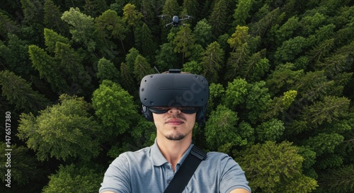 Man with Vr Headset and Drone Over Forest