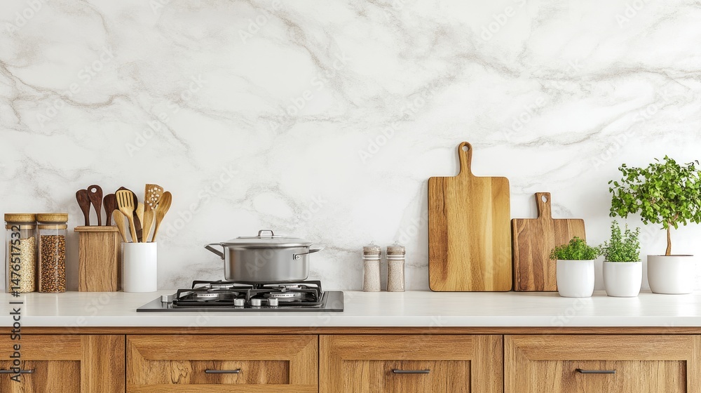 Fototapeta premium Minimalist food prep scene with clean kitchen backdrop
