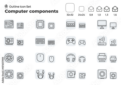 Computer components. Concept editable stroke outline icons set isolated on white background flat vector illustration. Pixel perfect.