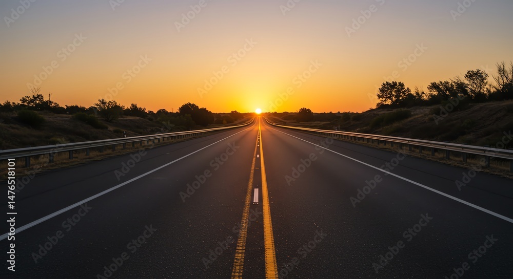 Naklejka premium Scenic view of a long, straight highway leading into the horizon during a beautiful golden sunset, symbolizing the journey ahead