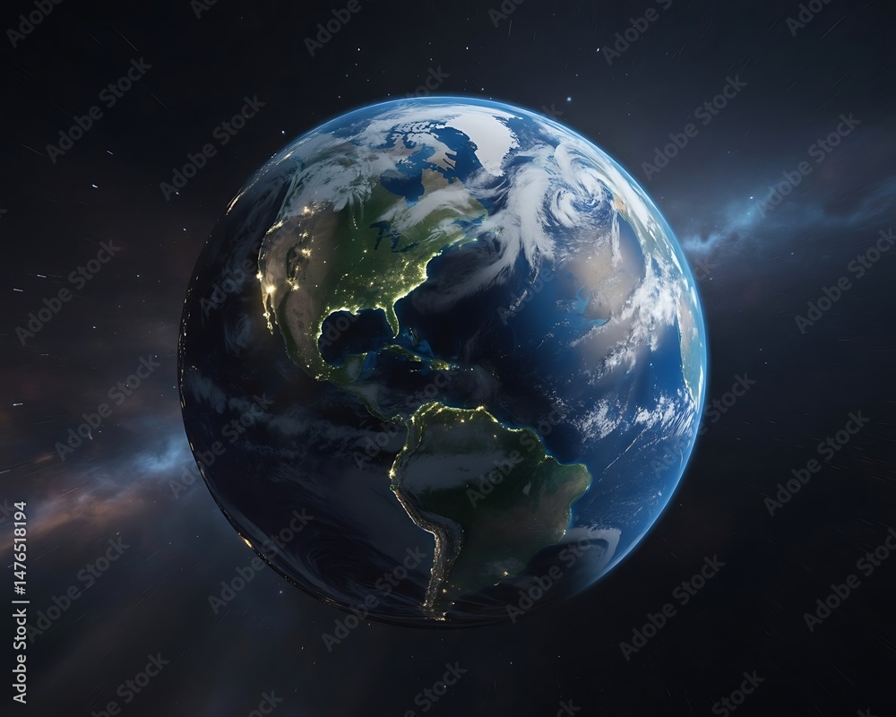 Obraz premium Earth from Space at Night, Showing City Lights and Weather Systems