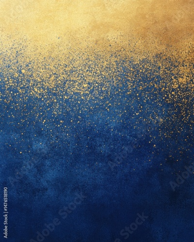 Gold dust scatters across a deep blue gradient background abstract art style texture design element backdrop