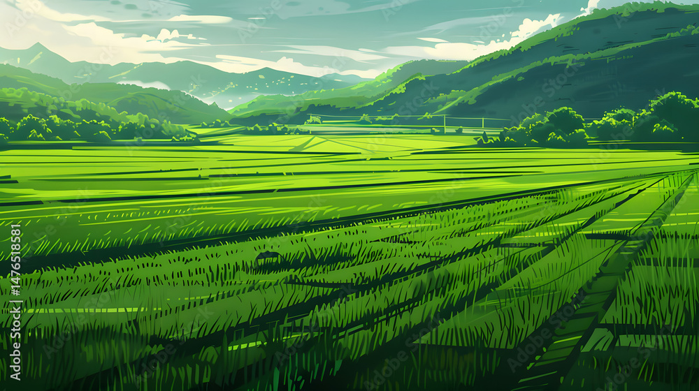 Fototapeta premium Green rice fields stretching to the horizon Landscapes Warm Lighting